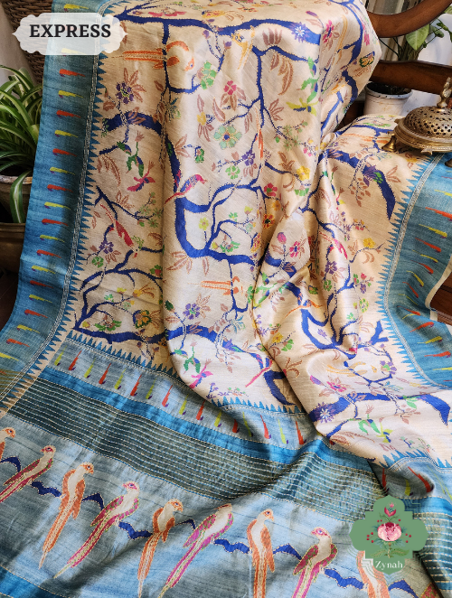 Zynah Beige/Sky Blue Jute Linen Saree With Kantha Work; Custom Stitched/Ready-made Blouse, Fall, Petticoat; SKU: 1104202304