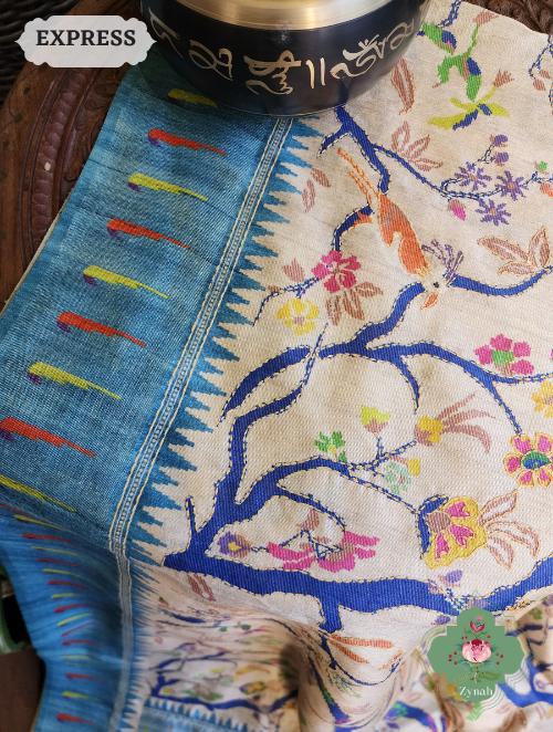 Zynah Beige/Sky Blue Jute Linen Saree With Kantha Work; Custom Stitched/Ready-made Blouse, Fall, Petticoat; SKU: 1104202304