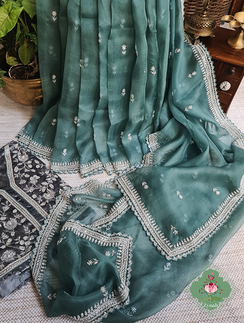 Zynah Teal Blue Pure Organza Silk Saree With Sequin Work, Pearl Beads & Cutdana Handwork and scalloped borders; Custom Stitched/Ready-made Blouse, Fall, Petticoat; SKU: 1701202301