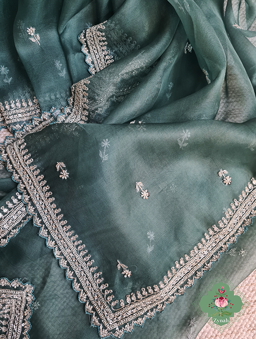Zynah Teal Blue Pure Organza Silk Saree With Sequin Work, Pearl Beads & Cutdana Handwork and scalloped borders; Custom Stitched/Ready-made Blouse, Fall, Petticoat; SKU: 1701202301