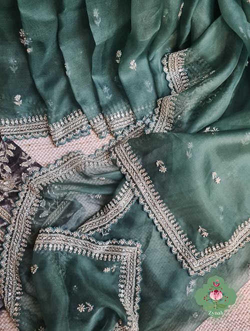 Zynah Teal Blue Pure Organza Silk Saree With Sequin Work, Pearl Beads & Cutdana Handwork and scalloped borders; Custom Stitched/Ready-made Blouse, Fall, Petticoat; SKU: 1701202301