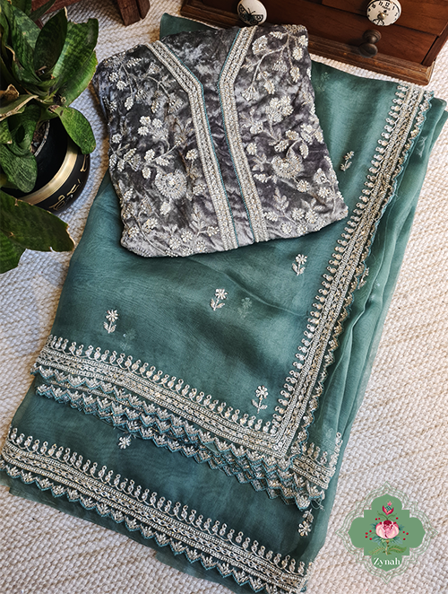 Zynah Teal Blue Pure Organza Silk Saree With Sequin Work, Pearl Beads & Cutdana Handwork and scalloped borders; Custom Stitched/Ready-made Blouse, Fall, Petticoat; SKU: 1701202301