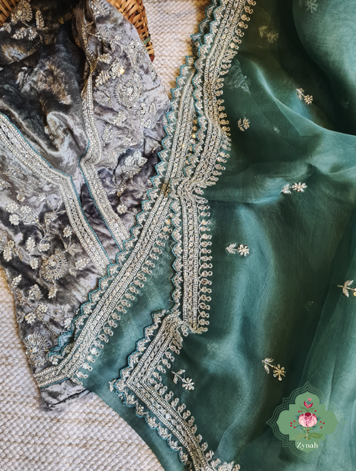 Zynah Teal Blue Pure Organza Silk Saree With Sequin Work, Pearl Beads & Cutdana Handwork and scalloped borders; Custom Stitched/Ready-made Blouse, Fall, Petticoat; SKU: 1701202301