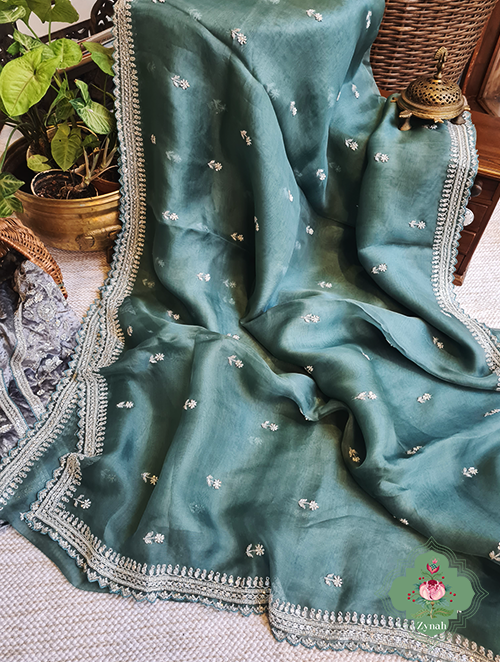 Zynah Teal Blue Pure Organza Silk Saree With Sequin Work, Pearl Beads & Cutdana Handwork and scalloped borders; Custom Stitched/Ready-made Blouse, Fall, Petticoat; SKU: 1701202301