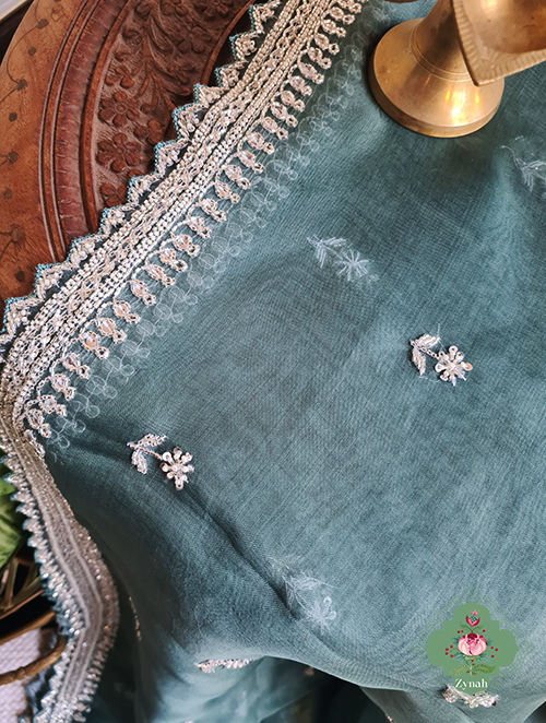Zynah Teal Blue Pure Organza Silk Saree With Sequin Work, Pearl Beads & Cutdana Handwork and scalloped borders; Custom Stitched/Ready-made Blouse, Fall, Petticoat; SKU: 1701202301