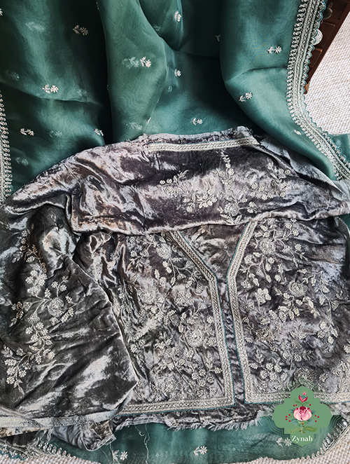 Zynah Teal Blue Pure Organza Silk Saree With Sequin Work, Pearl Beads & Cutdana Handwork and scalloped borders; Custom Stitched/Ready-made Blouse, Fall, Petticoat; SKU: 1701202301