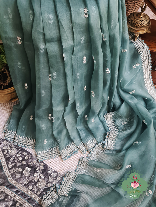 Zynah Teal Blue Pure Organza Silk Saree With Sequin Work, Pearl Beads & Cutdana Handwork and scalloped borders; Custom Stitched/Ready-made Blouse, Fall, Petticoat; SKU: 1701202301