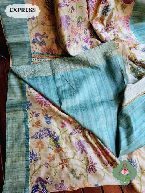 Zynah Beige/Turquoise Jute Linen Saree With Kantha Work; Custom Stitched/Ready-made Blouse, Fall, Petticoat; SKU: 1104202303