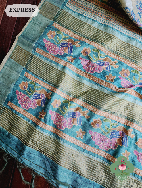 Zynah Beige/Turquoise Jute Linen Saree With Kantha Work; Custom Stitched/Ready-made Blouse, Fall, Petticoat; SKU: 1104202303