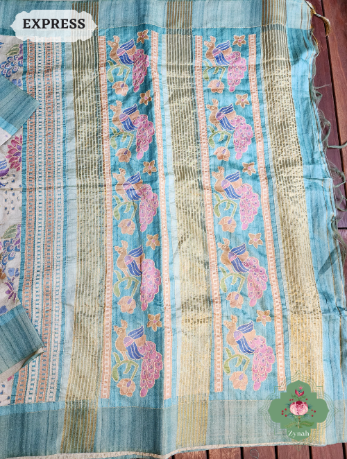 Zynah Beige/Turquoise Jute Linen Saree With Kantha Work; Custom Stitched/Ready-made Blouse, Fall, Petticoat; SKU: 1104202303
