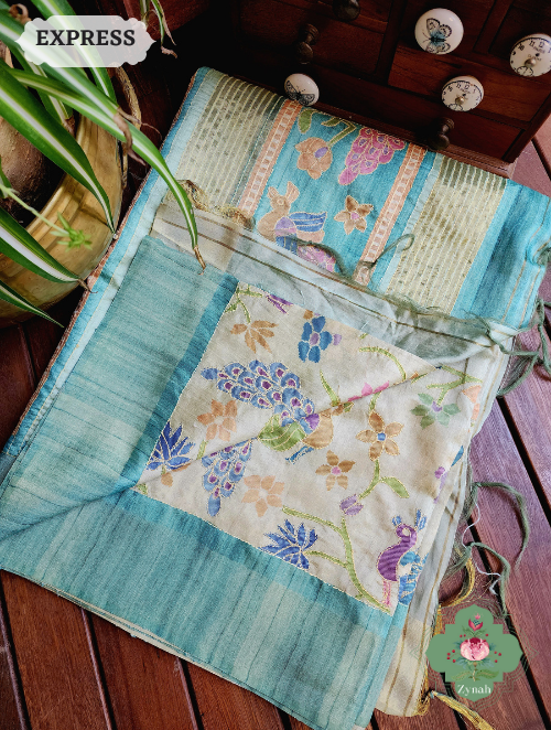 Zynah Beige/Turquoise Jute Linen Saree With Kantha Work; Custom Stitched/Ready-made Blouse, Fall, Petticoat; SKU: 1104202303