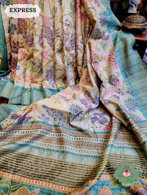 Zynah Beige/Turquoise Jute Linen Saree With Kantha Work; Custom Stitched/Ready-made Blouse, Fall, Petticoat; SKU: 1104202303