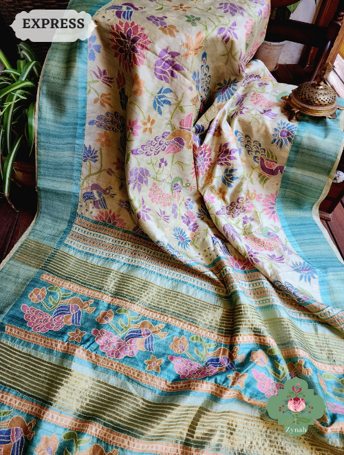 Zynah Beige/Turquoise Jute Linen Saree With Kantha Work; Custom Stitched/Ready-made Blouse, Fall, Petticoat; SKU: 1104202303