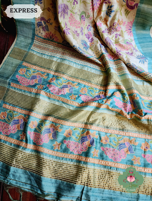 Zynah Beige/Turquoise Jute Linen Saree With Kantha Work; Custom Stitched/Ready-made Blouse, Fall, Petticoat; SKU: 1104202303