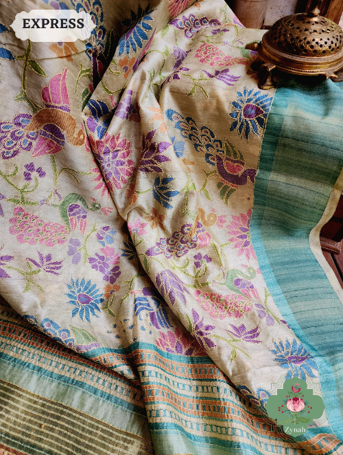 Zynah Beige/Turquoise Jute Linen Saree With Kantha Work; Custom Stitched/Ready-made Blouse, Fall, Petticoat; SKU: 1104202303