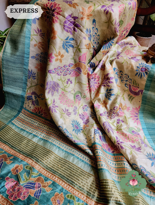 Zynah Beige/Turquoise Jute Linen Saree With Kantha Work; Custom Stitched/Ready-made Blouse, Fall, Petticoat; SKU: 1104202303