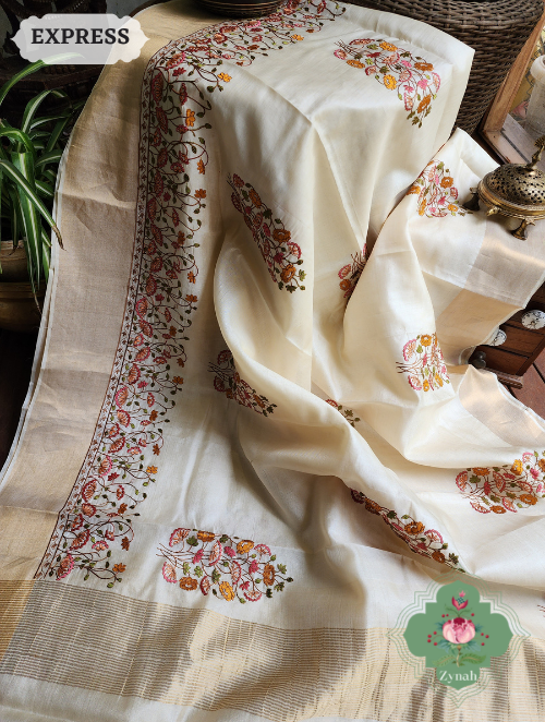 Zynah Off-White Embroidered Tussar Silk Saree, Pichwai Inpired Lotus & Floral Motifs ; Custom Stitched/Ready-made Blouse, Fall, Petticoat; SKU: 1403202302