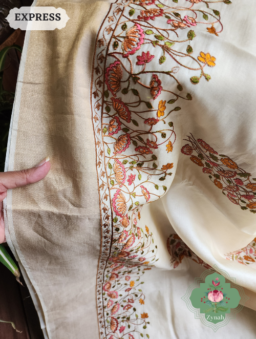 Zynah Off-White Embroidered Tussar Silk Saree, Pichwai Inpired Lotus & Floral Motifs ; Custom Stitched/Ready-made Blouse, Fall, Petticoat; SKU: 1403202302
