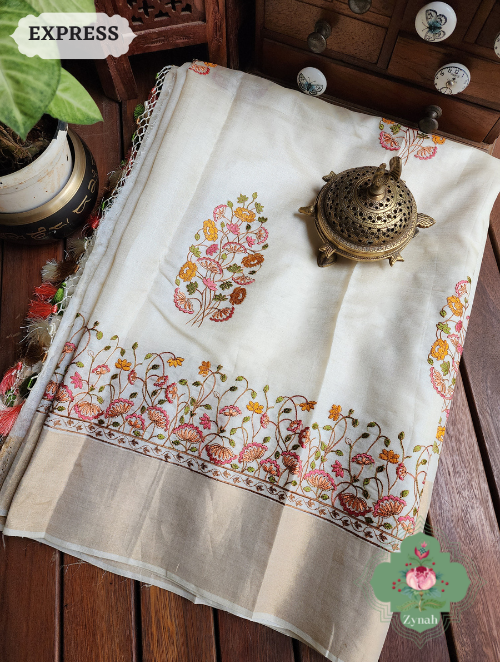 Zynah Off-White Embroidered Tussar Silk Saree, Pichwai Inpired Lotus & Floral Motifs ; Custom Stitched/Ready-made Blouse, Fall, Petticoat; SKU: 1403202302