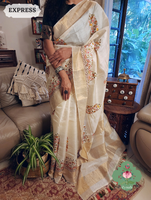 Zynah Off-White Embroidered Tussar Silk Saree, Pichwai Inpired Lotus & Floral Motifs ; Custom Stitched/Ready-made Blouse, Fall, Petticoat; SKU: 1403202302