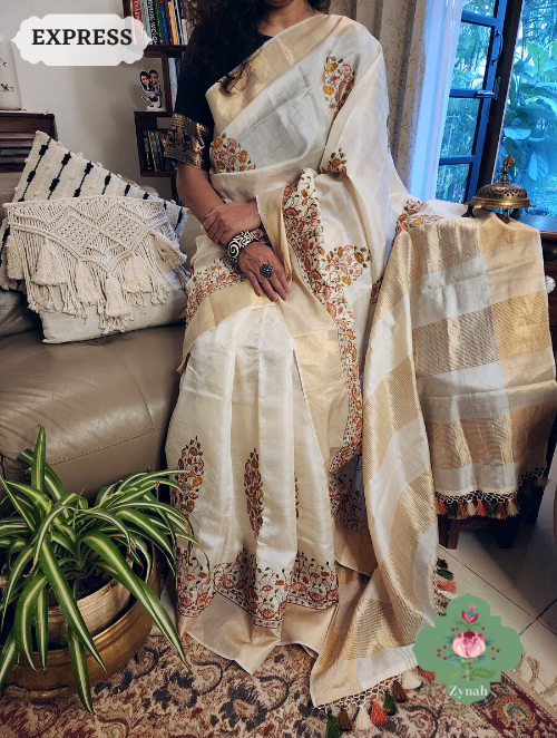 Zynah Off-White Embroidered Tussar Silk Saree, Pichwai Inpired Lotus & Floral Motifs ; Custom Stitched/Ready-made Blouse, Fall, Petticoat; SKU: 1403202302