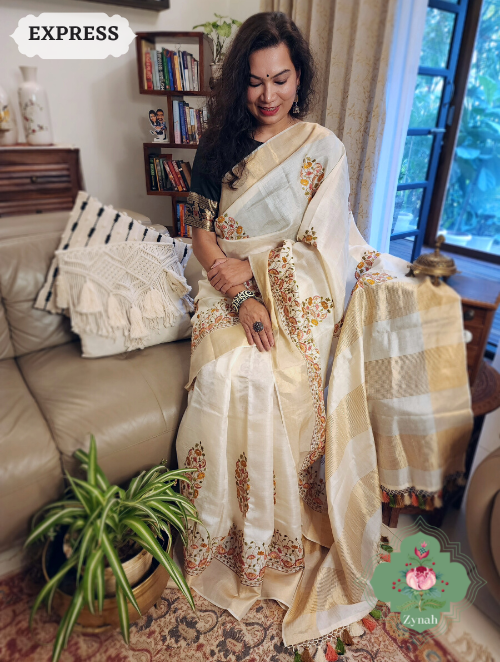 Zynah Off-White Embroidered Tussar Silk Saree, Pichwai Inpired Lotus & Floral Motifs ; Custom Stitched/Ready-made Blouse, Fall, Petticoat; SKU: 1403202302
