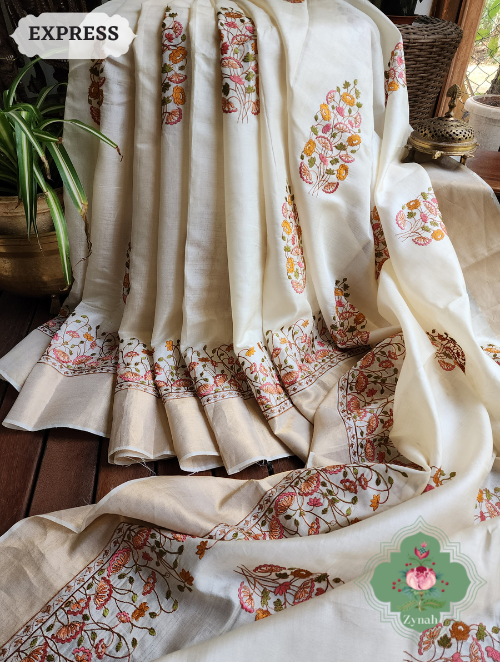Zynah Off-White Embroidered Tussar Silk Saree, Pichwai Inpired Lotus & Floral Motifs ; Custom Stitched/Ready-made Blouse, Fall, Petticoat; SKU: 1403202302