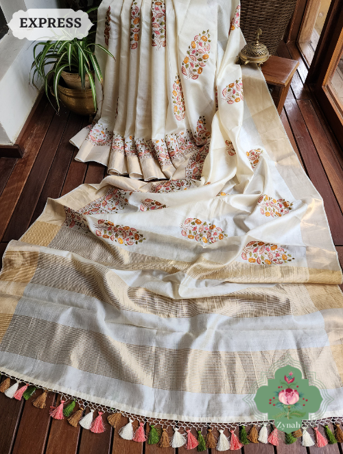 Zynah Off-White Embroidered Tussar Silk Saree, Pichwai Inpired Lotus & Floral Motifs ; Custom Stitched/Ready-made Blouse, Fall, Petticoat; SKU: 1403202302