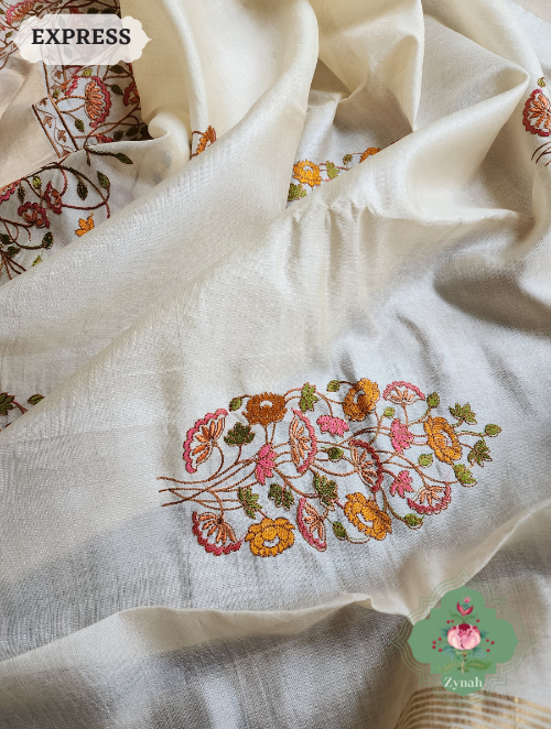 Zynah Off-White Embroidered Tussar Silk Saree, Pichwai Inpired Lotus & Floral Motifs ; Custom Stitched/Ready-made Blouse, Fall, Petticoat; SKU: 1403202302