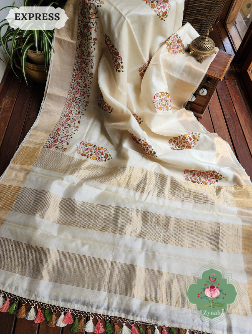 Zynah Off-White Embroidered Tussar Silk Saree, Pichwai Inpired Lotus & Floral Motifs ; Custom Stitched/Ready-made Blouse, Fall, Petticoat; SKU: 1403202302