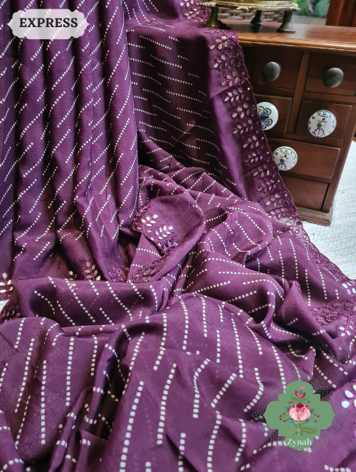 Zynah Wine Wrinkle Crepe Silk Saree with Bandhani Inspired Prints & Mirror Work Scalloped Borders; Custom Stitched/Ready-made Blouse, Fall, Petticoat; SKU: 0202202304