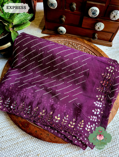 Zynah Wine Wrinkle Crepe Silk Saree with Bandhani Inspired Prints & Mirror Work Scalloped Borders; Custom Stitched/Ready-made Blouse, Fall, Petticoat; SKU: 0202202304