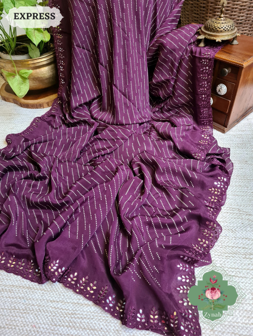 Zynah Wine Wrinkle Crepe Silk Saree with Bandhani Inspired Prints & Mirror Work Scalloped Borders; Custom Stitched/Ready-made Blouse, Fall, Petticoat; SKU: 0202202304