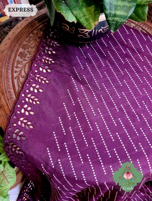 Zynah Wine Wrinkle Crepe Silk Saree with Bandhani Inspired Prints & Mirror Work Scalloped Borders; Custom Stitched/Ready-made Blouse, Fall, Petticoat; SKU: 0202202304