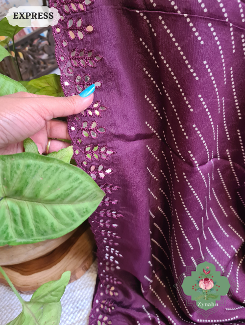 Zynah Wine Wrinkle Crepe Silk Saree with Bandhani Inspired Prints & Mirror Work Scalloped Borders; Custom Stitched/Ready-made Blouse, Fall, Petticoat; SKU: 0202202304