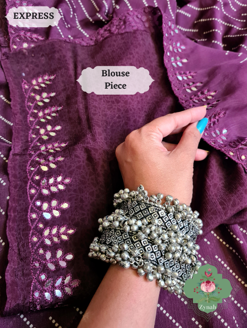 Zynah Wine Wrinkle Crepe Silk Saree with Bandhani Inspired Prints & Mirror Work Scalloped Borders; Custom Stitched/Ready-made Blouse, Fall, Petticoat; SKU: 0202202304