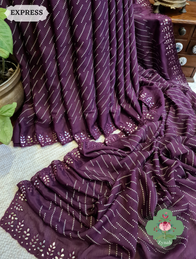 Zynah Wine Wrinkle Crepe Silk Saree with Bandhani Inspired Prints & Mirror Work Scalloped Borders; Custom Stitched/Ready-made Blouse, Fall, Petticoat; SKU: 0202202304