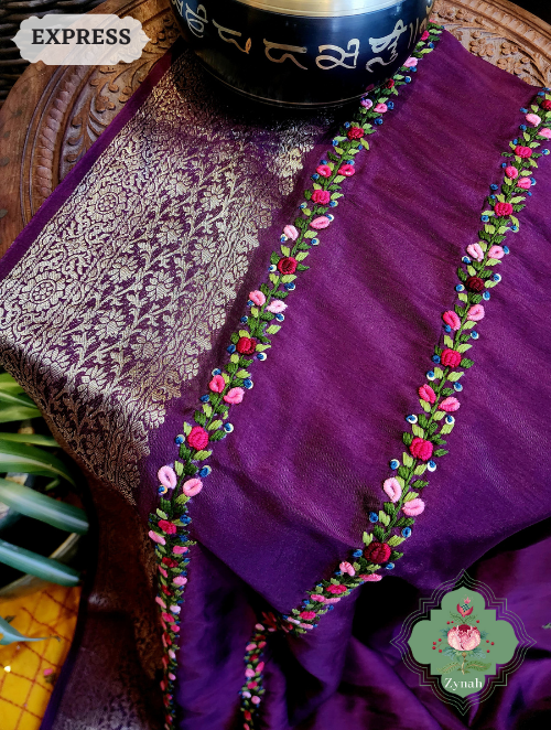 Zynah Wine Munga Silk Saree With Zari Borders And Frenchknot & Kantha Embroidery; Custom Stitched/Ready-made Blouse, Fall, Petticoat; SKU: 1804202304