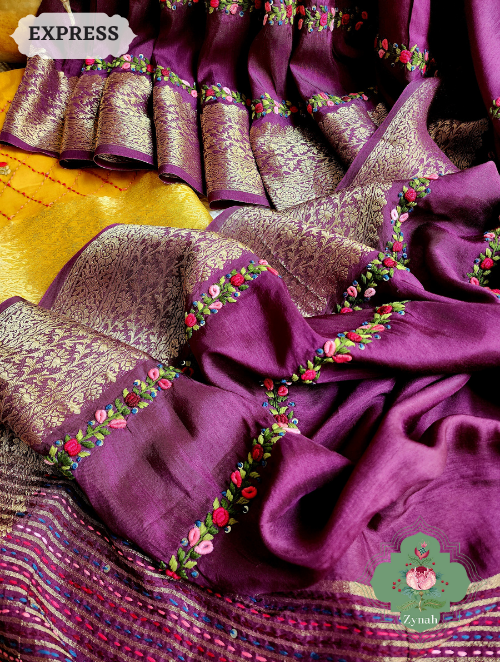 Zynah Wine Munga Silk Saree With Zari Borders And Frenchknot & Kantha Embroidery; Custom Stitched/Ready-made Blouse, Fall, Petticoat; SKU: 1804202304