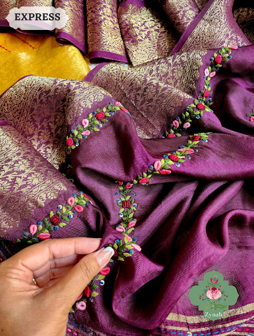 Zynah Wine Munga Silk Saree With Zari Borders And Frenchknot & Kantha Embroidery; Custom Stitched/Ready-made Blouse, Fall, Petticoat; SKU: 1804202304
