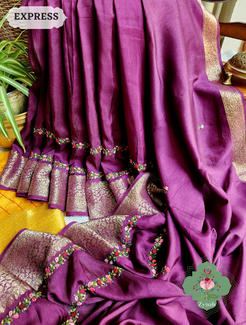 Zynah Wine Munga Silk Saree With Zari Borders And Frenchknot & Kantha Embroidery; Custom Stitched/Ready-made Blouse, Fall, Petticoat; SKU: 1804202304