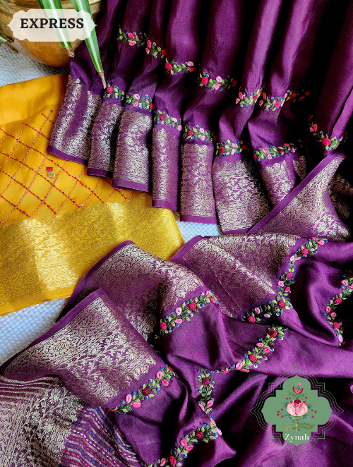 Zynah Wine Munga Silk Saree With Zari Borders And Frenchknot & Kantha Embroidery; Custom Stitched/Ready-made Blouse, Fall, Petticoat; SKU: 1804202304