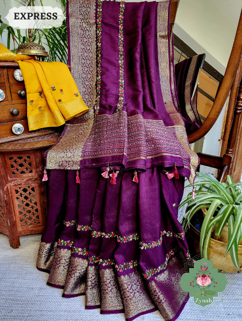 Zynah Wine Munga Silk Saree With Zari Borders And Frenchknot & Kantha Embroidery; Custom Stitched/Ready-made Blouse, Fall, Petticoat; SKU: 1804202304