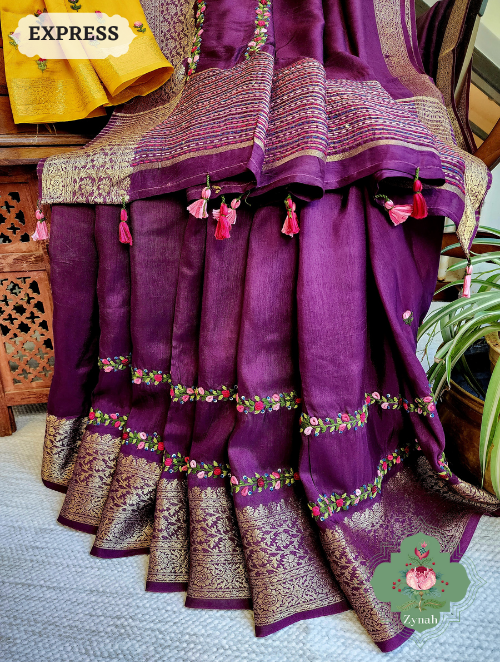 Zynah Wine Munga Silk Saree With Zari Borders And Frenchknot & Kantha Embroidery; Custom Stitched/Ready-made Blouse, Fall, Petticoat; SKU: 1804202304
