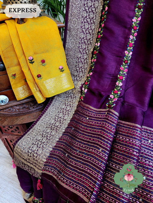 Zynah Wine Munga Silk Saree With Zari Borders And Frenchknot & Kantha Embroidery; Custom Stitched/Ready-made Blouse, Fall, Petticoat; SKU: 1804202304