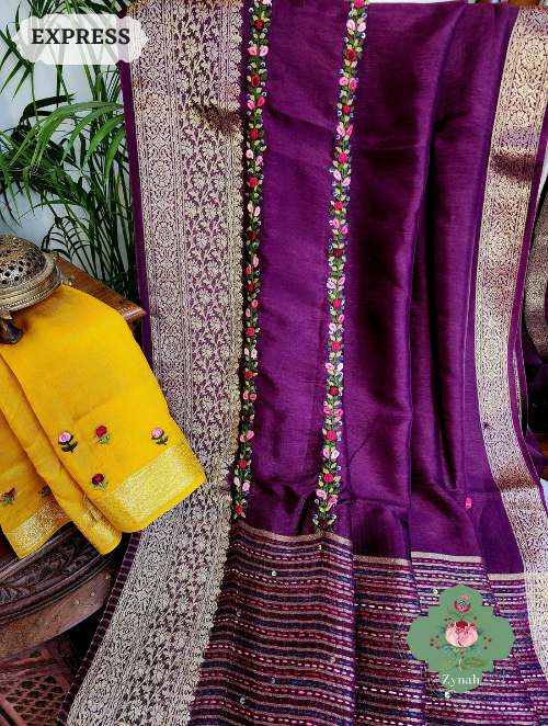 Zynah Wine Munga Silk Saree With Zari Borders And Frenchknot & Kantha Embroidery; Custom Stitched/Ready-made Blouse, Fall, Petticoat; SKU: 1804202304