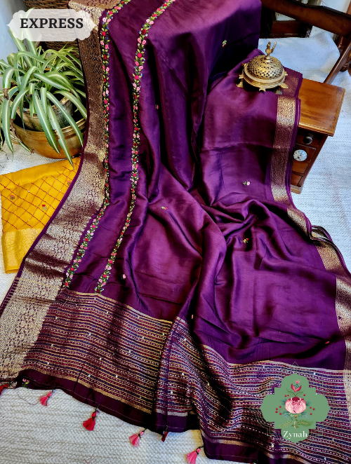 Zynah Wine Munga Silk Saree With Zari Borders And Frenchknot & Kantha Embroidery; Custom Stitched/Ready-made Blouse, Fall, Petticoat; SKU: 1804202304