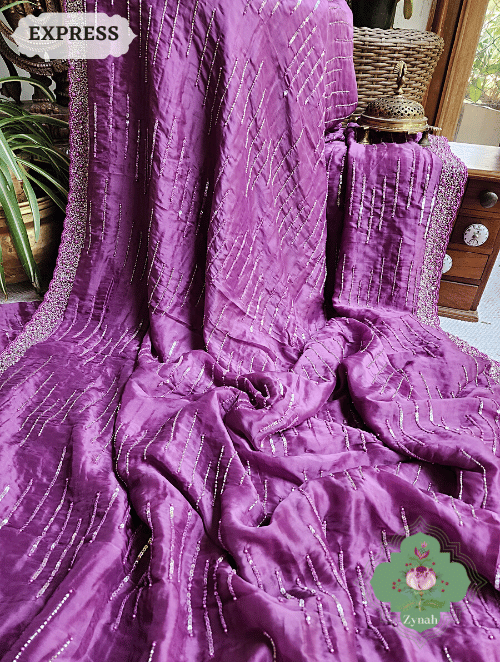 Zynah Wine Satin Organza Silk Saree With Cutdana, Sequins & Pearl Work ; Custom Stitched/Ready-made Blouse, Fall, Petticoat; SKU: 0703202302