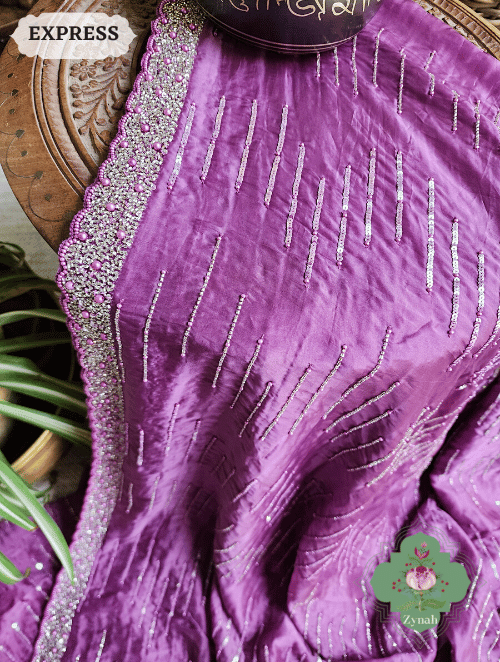 Zynah Wine Satin Organza Silk Saree With Cutdana, Sequins & Pearl Work ; Custom Stitched/Ready-made Blouse, Fall, Petticoat; SKU: 0703202302