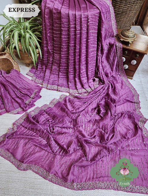 Zynah Wine Satin Organza Silk Saree With Cutdana, Sequins & Pearl Work ; Custom Stitched/Ready-made Blouse, Fall, Petticoat; SKU: 0703202302